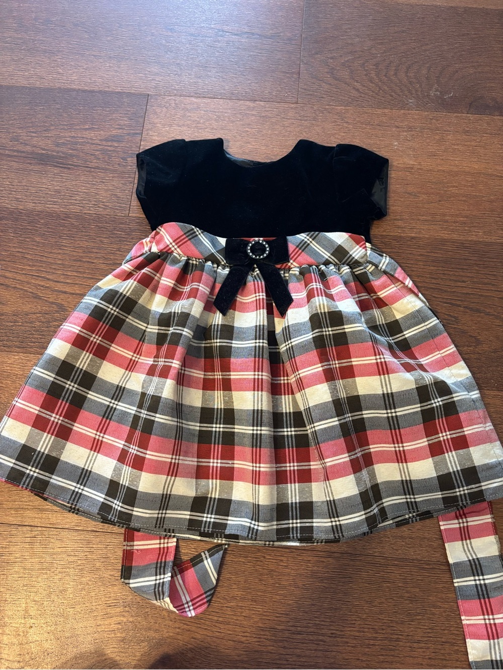 Girls Black Velvet Top Red Plaid Holiday Dress with Bow
